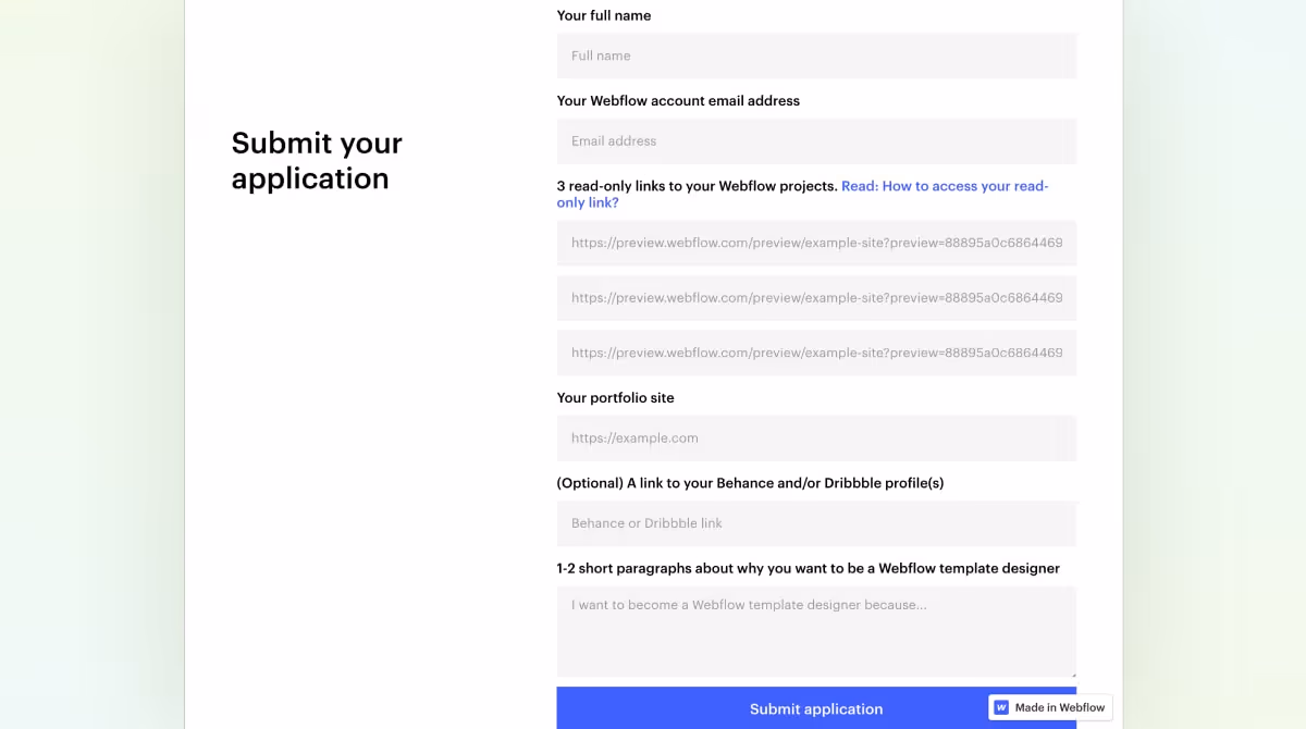 Screenshot of the Webflow template application form