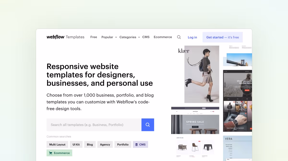 Screenshot of Webflow's template marketplace