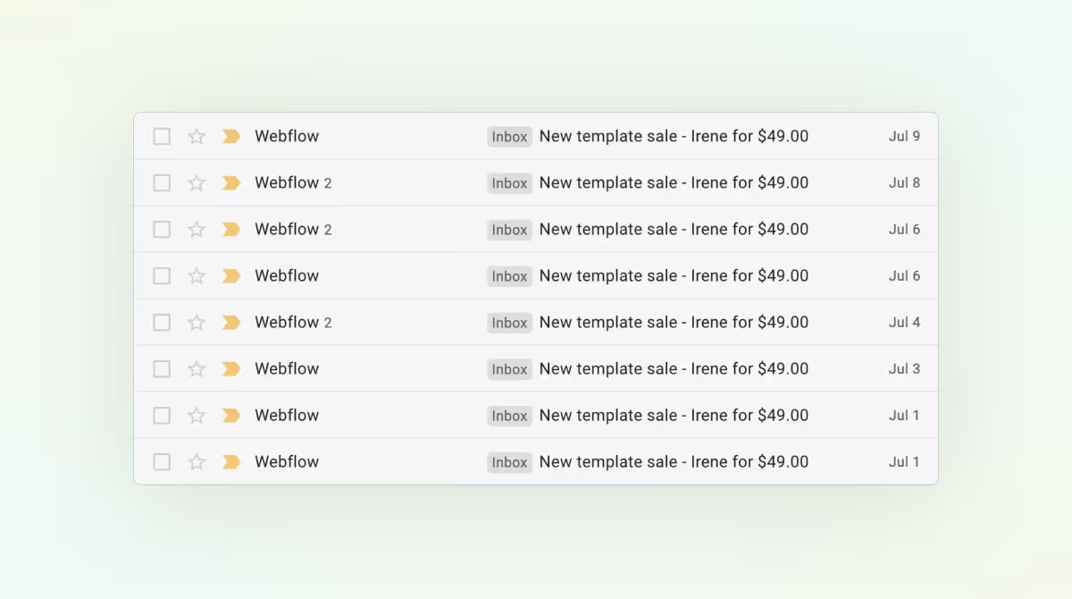 The emails and timestamps of my Webflow template sales