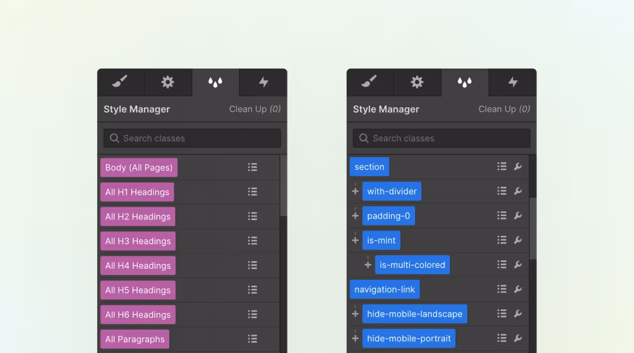 Showing pink tags and blue classes in the Webflow style manager