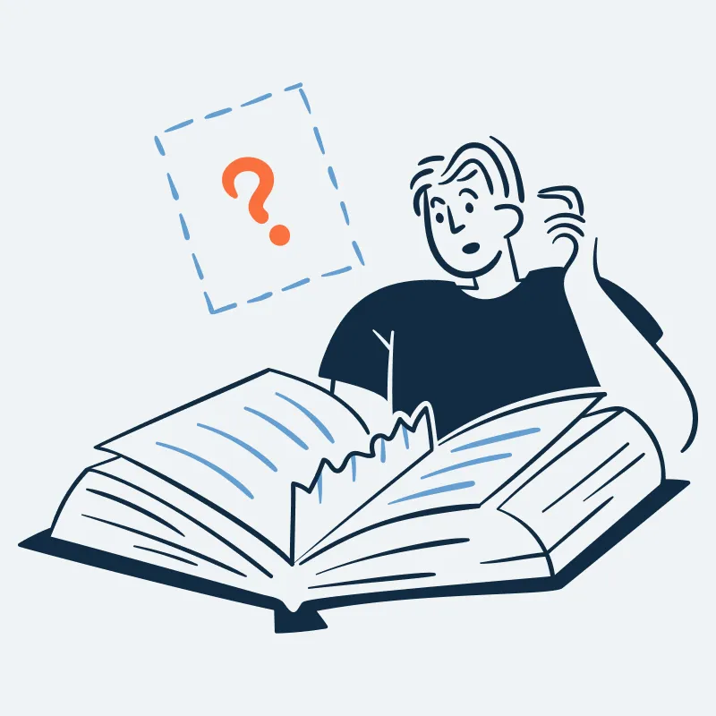 man looking at a book with a missing page
