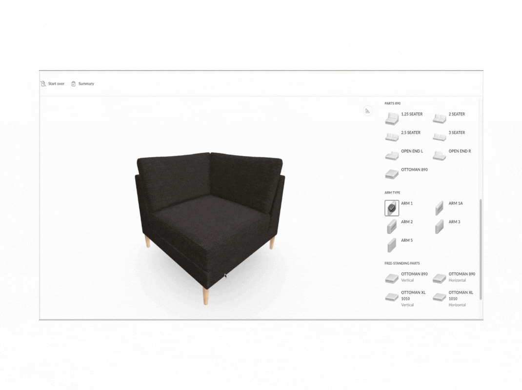 CPQ online tool with 3D visualization sofa
