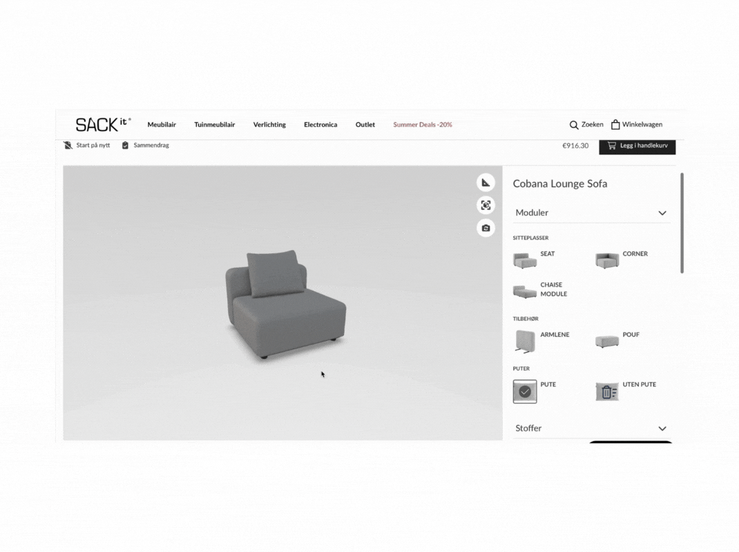 online 3D configurator for modular sofa