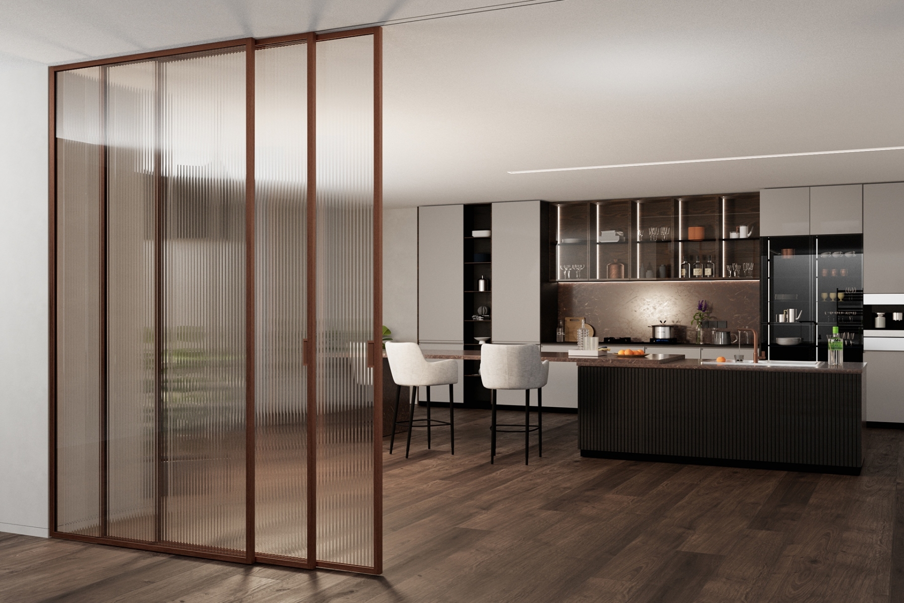 Full-height glass wall divider. System: Digero wall partition, custom color thin aluminum frame, fluted glass, come-along sliding technology.