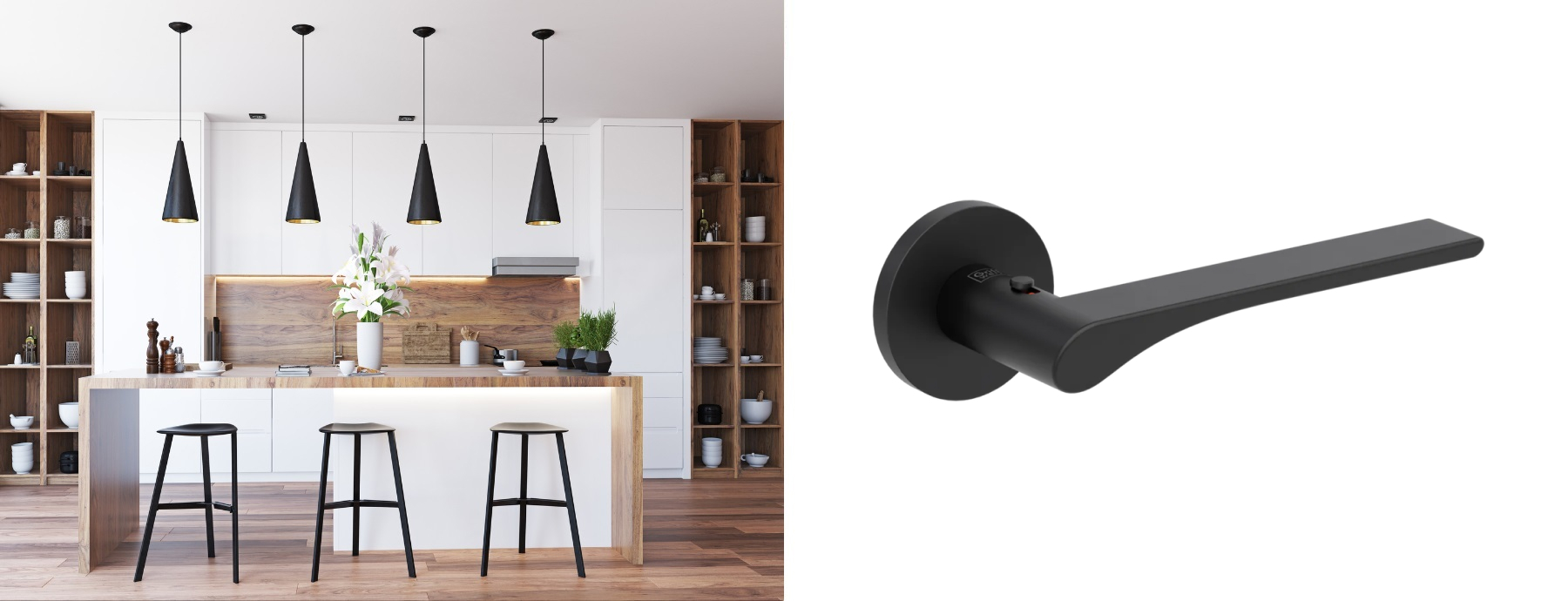 Modern kitchen with white cabinetry, black door handle Griffwerk Vaya 261 Leaf Light.