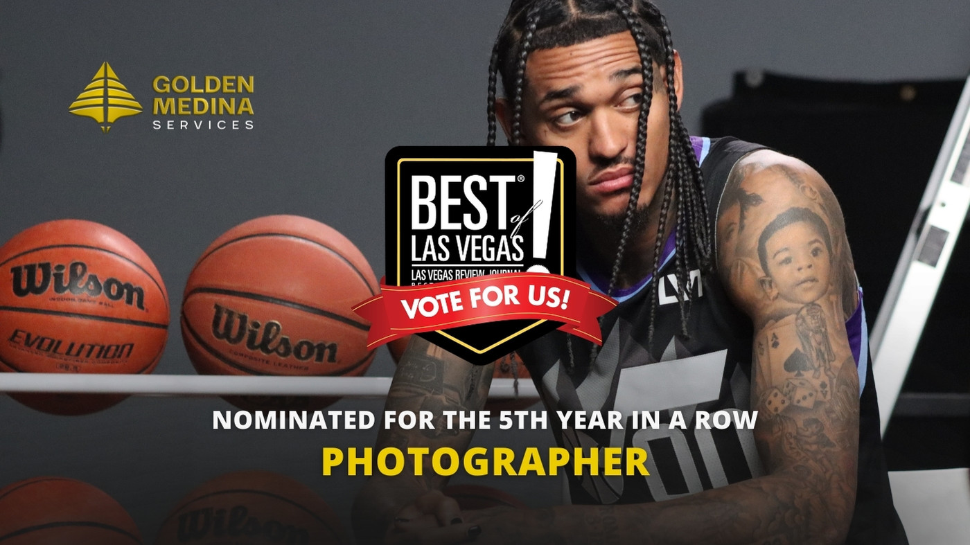 Golden Medina Services Best of Las Vegas 2025 nomination graphic with basketball player, Best of Las Vegas badge, and text: "5th Year in a Row - Photographer."