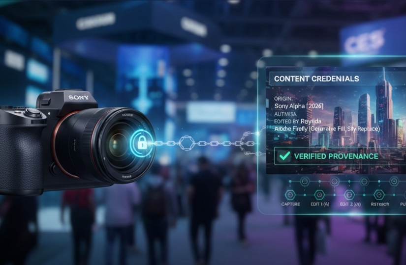 A high-end Sony Alpha camera on the floor of a tech convention, with a futuristic holographic overlay displaying "Content Credentials" and a digital "Verified Provenance" badge, illustrating the link between hardware capture and AI transparency.