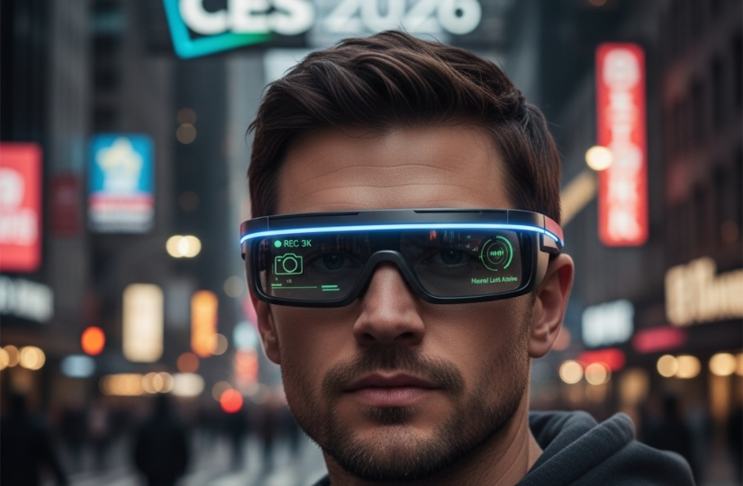 A cinematographer wearing Meta smart glasses with a glowing HUD filming an urban scene, representing the fusion of wearable AI and professional filmmaking.