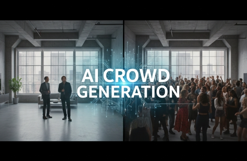 A horizontal split-screen image: On the left, a sparsely populated real-world room; on the right, the same room filled with vibrant, photorealistic AI-generated people, with a blue "AI-Enhanced" digital overlay illustrating the blending process.