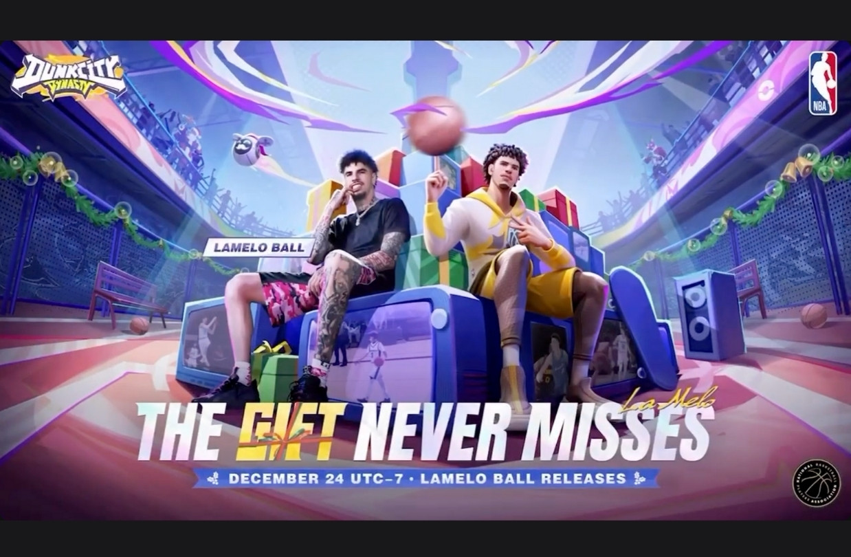 Holiday campaign artwork showing LaMelo Ball beside an animated version of himself in a stylized basketball arena with Christmas-themed graphics.