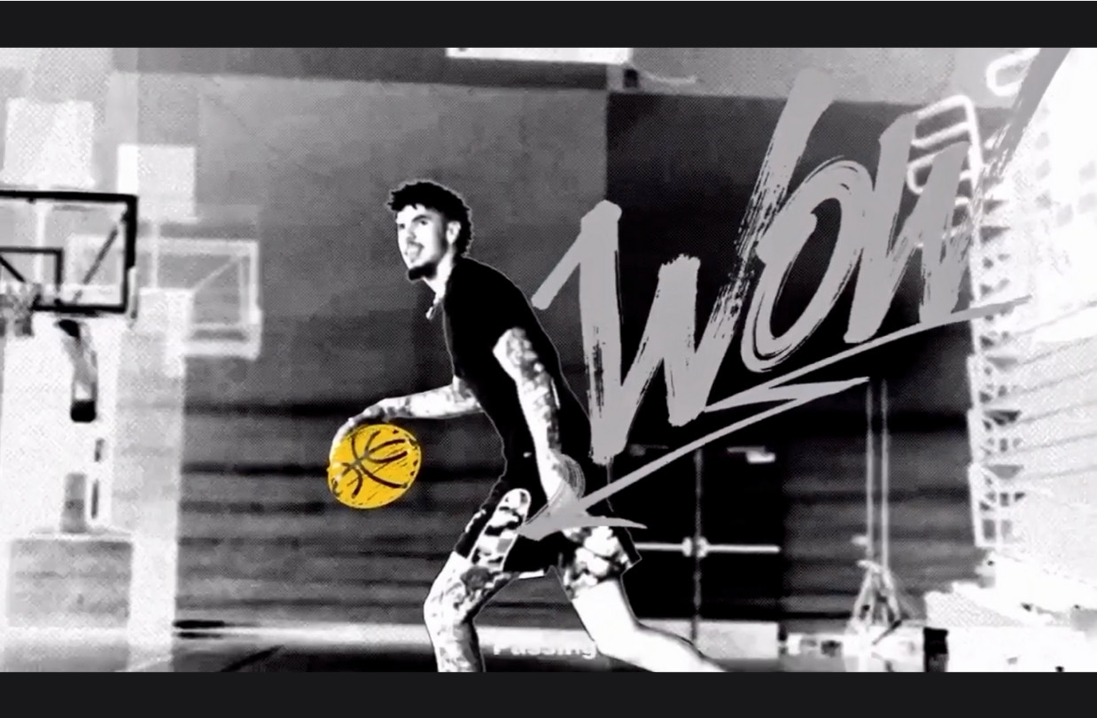 Stylized black-and-white graphic of LaMelo Ball dribbling a basketball on an indoor court with bold street-style typography.