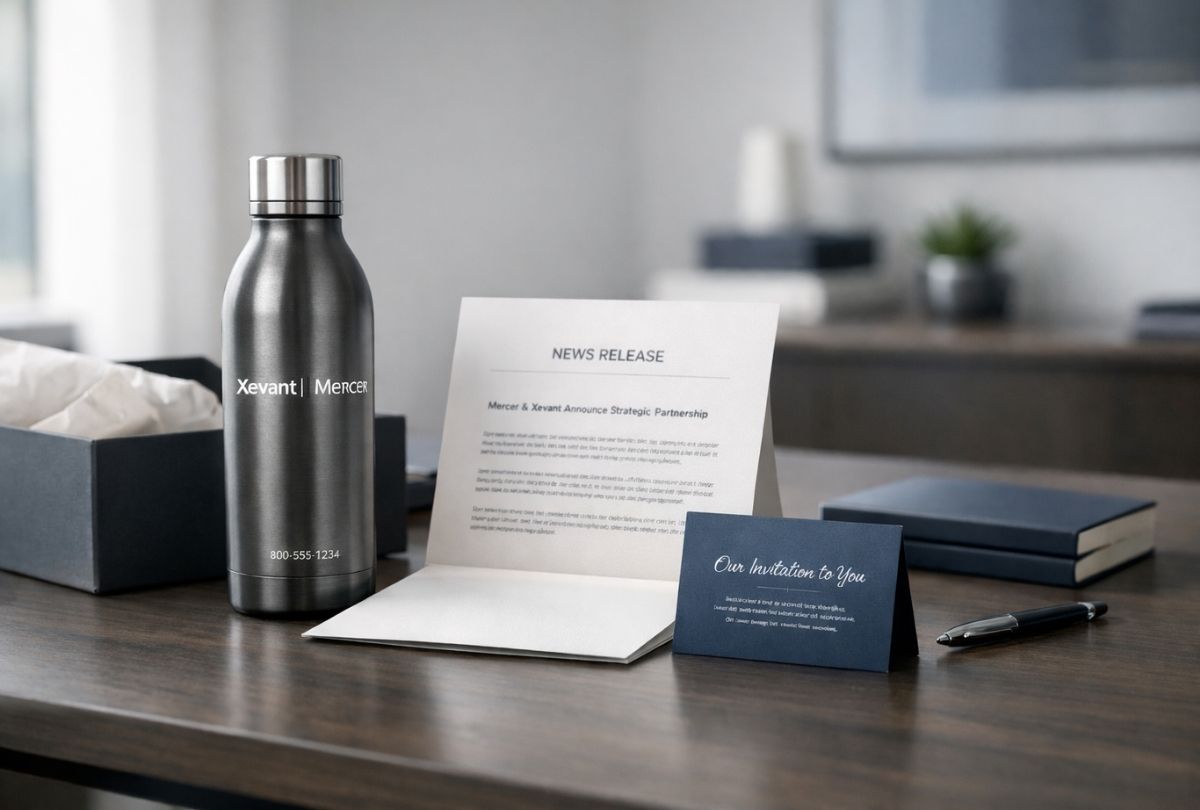 Conceptual executive outreach package for the Xevant and Mercer partnership in a modern corporate setting.
