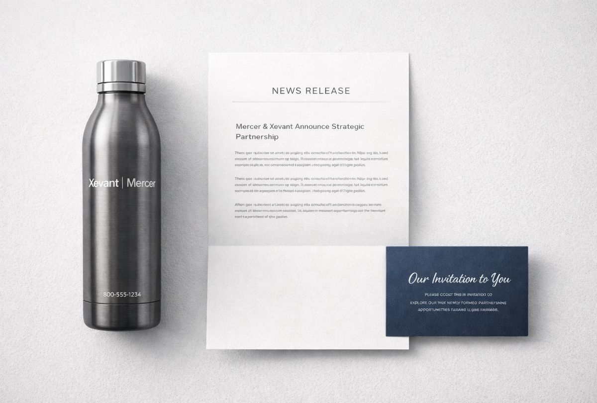 Premium executive outreach flat-lay featuring co-branded Xevant and Mercer materials, including drinkware, invitation card, and partnership announcement.