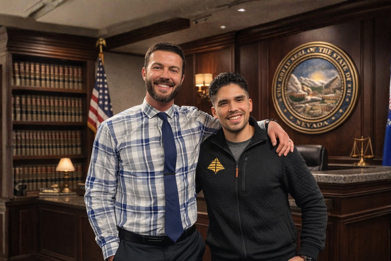 Golden Medina Services founder Marlon Medina standing with Las Vegas criminal defense attorney DUI Doctor in a high-end legal office setting, featuring the U.S. flag and Nevada state seal, representing a long-term strategic marketing partnership.