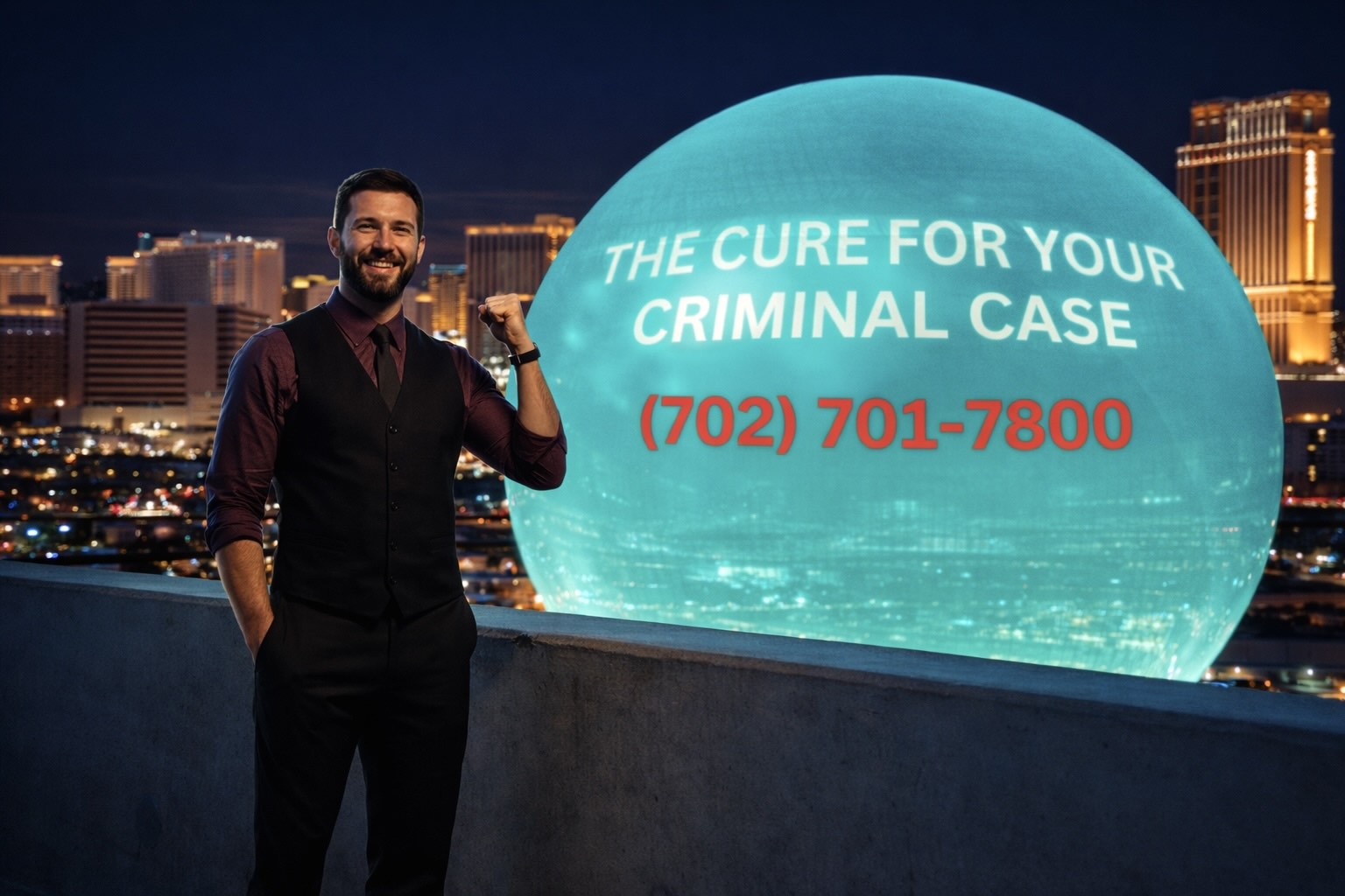 Las Vegas DUI attorney known as DUI Doctor standing on a rooftop at night with cinematic lighting, overlooking the city skyline and the illuminated Sphere displaying legal advertising.