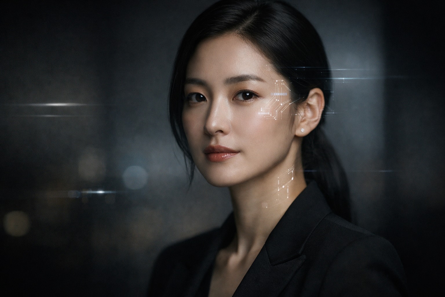 Cinematic editorial portrait of a professional Korean woman with subtle cybernetic details, symbolizing the intersection of human leadership, AI technology, and intentional modern marketing strategy.