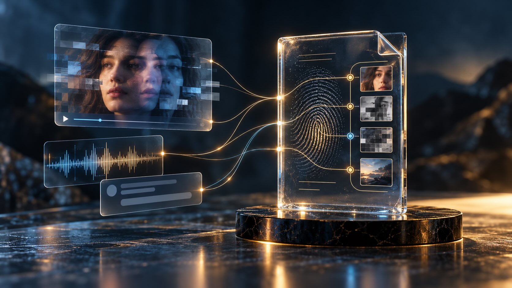 Conceptual illustration of altered video, audio and messages connected to a digital provenance record.