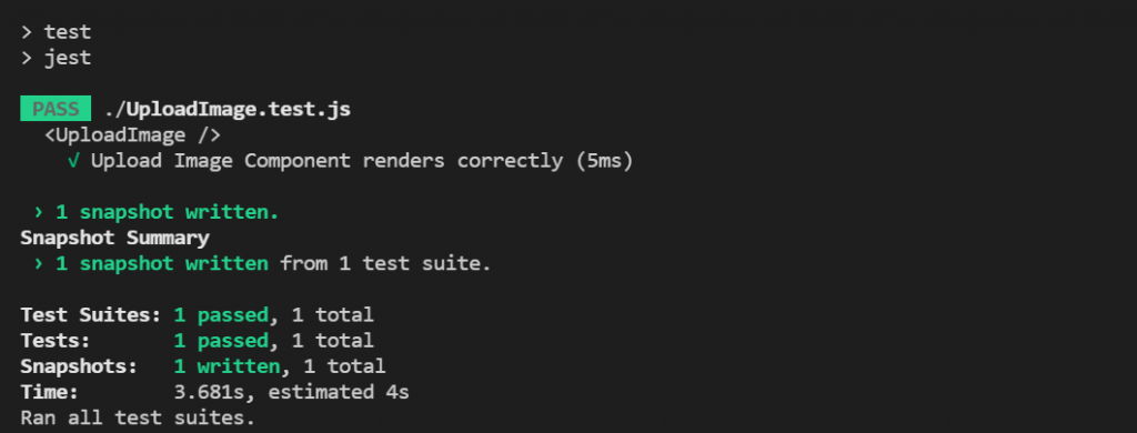 Image shows a Jest test of running the command listed above.Shows a successful run with the words "PASS" at the top of the code snippet. 