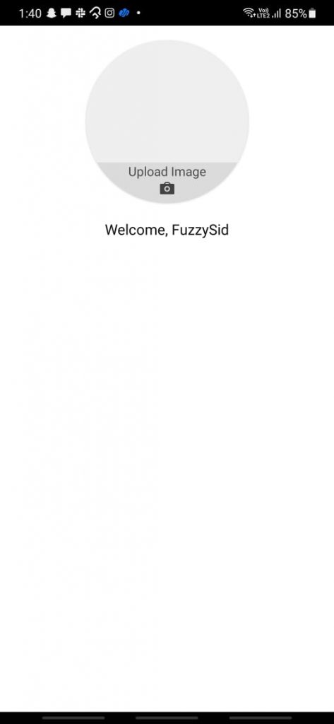 Image shows a blank profile photo with a button that says "upload image." Below the photo, it says "Welcome, FuzzySid"