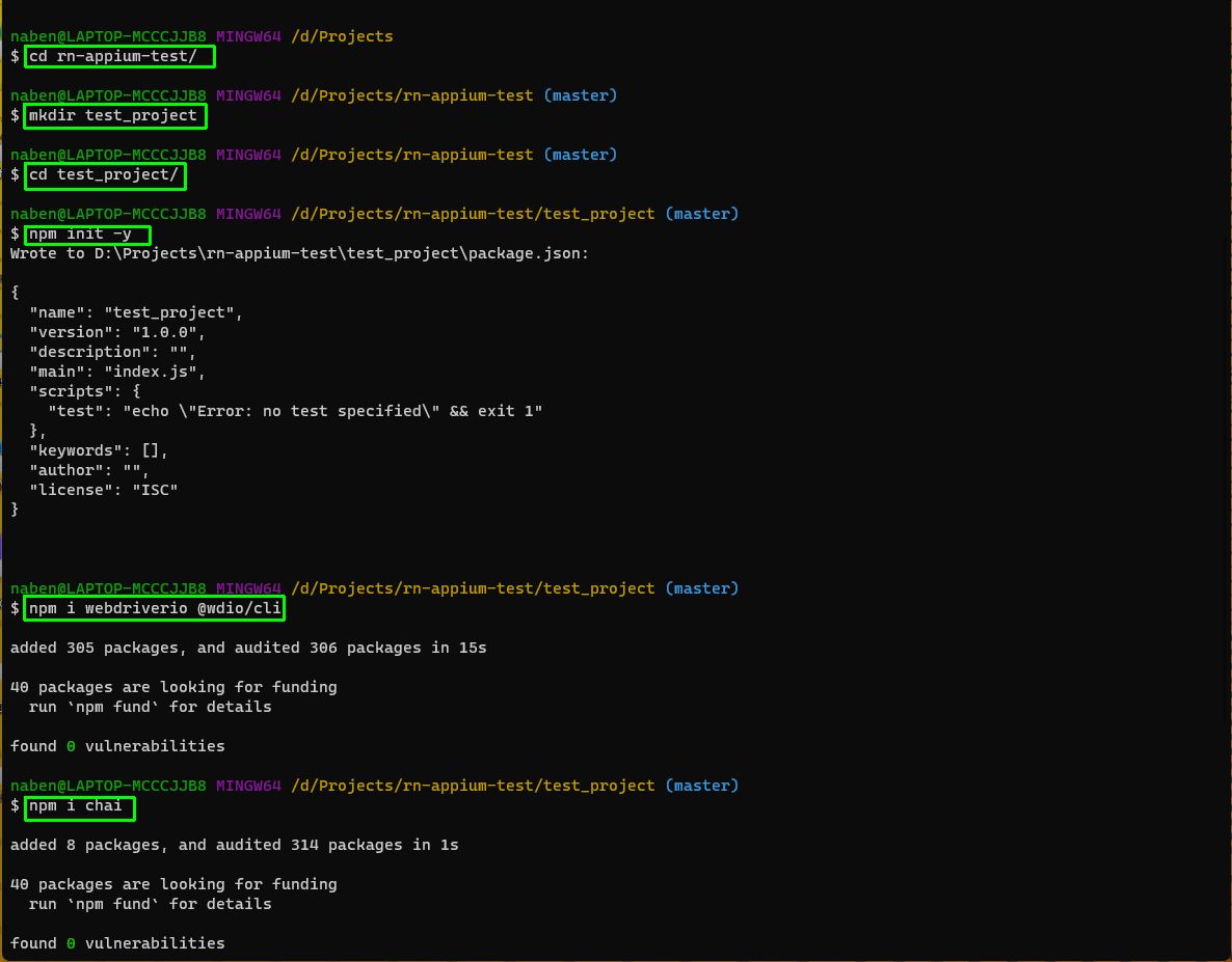 Highlights: "cd rn-appium-test/", "mkdir test_project", "cd test_project/", and "npm init -y"