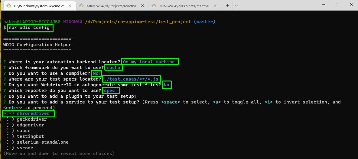 Highlights: "px wdio config", "On my local machine", "mocha", "No!", "./test_cases/**/*.js", "No", "spec", and ">(*) chromedriver"