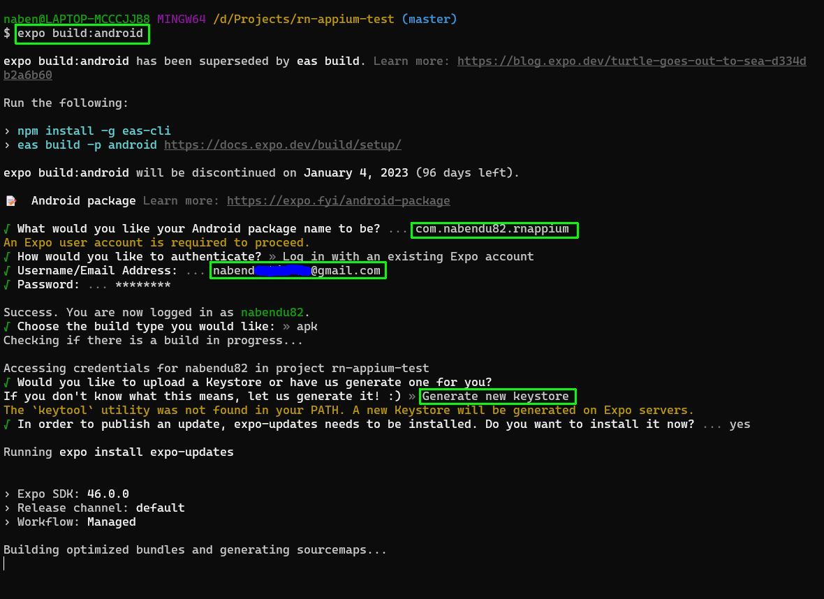 Highlights: "expo build:android", "com.nabendu82.rnappium", "nabendXXXXX@gmail.com", and "Generate new keystore"