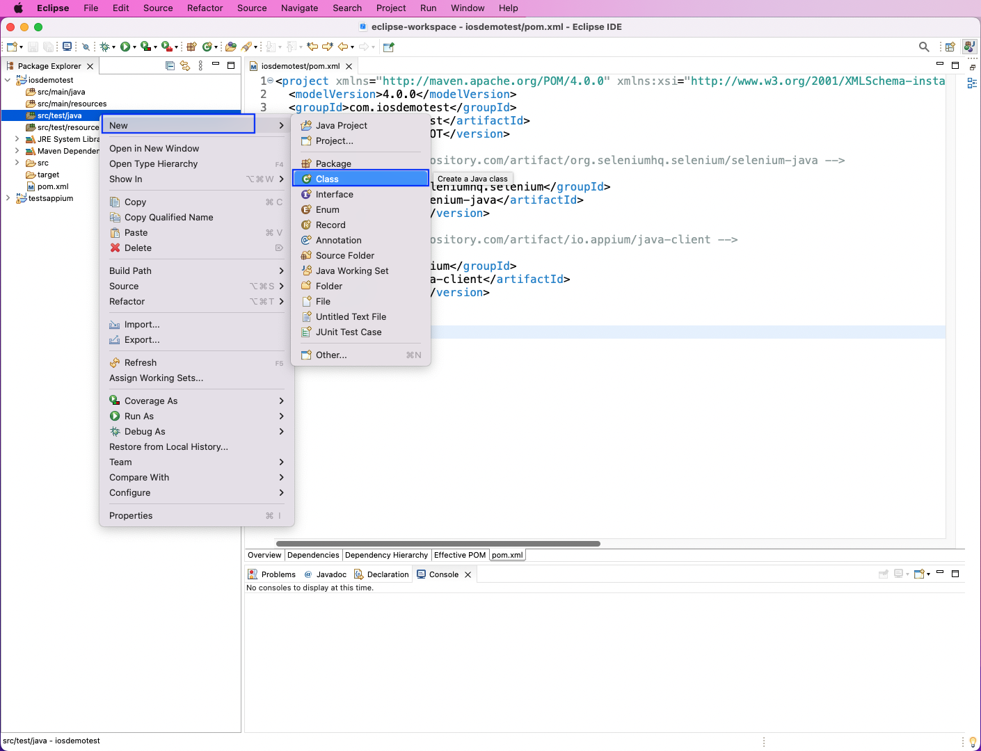 screenshot of creating new test file