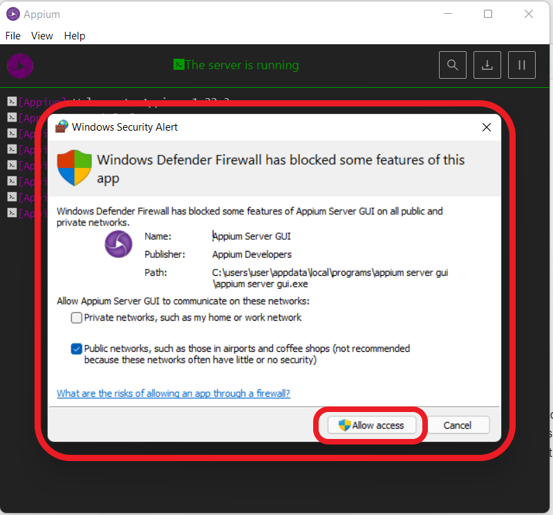  Windows Defender Alert on starting the Appium Server on Windows