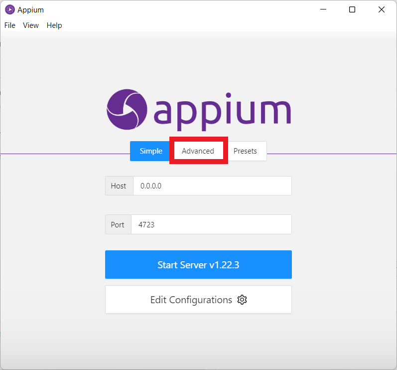  Appium Desktop app's first page on Windows with Advanced tab highlighted