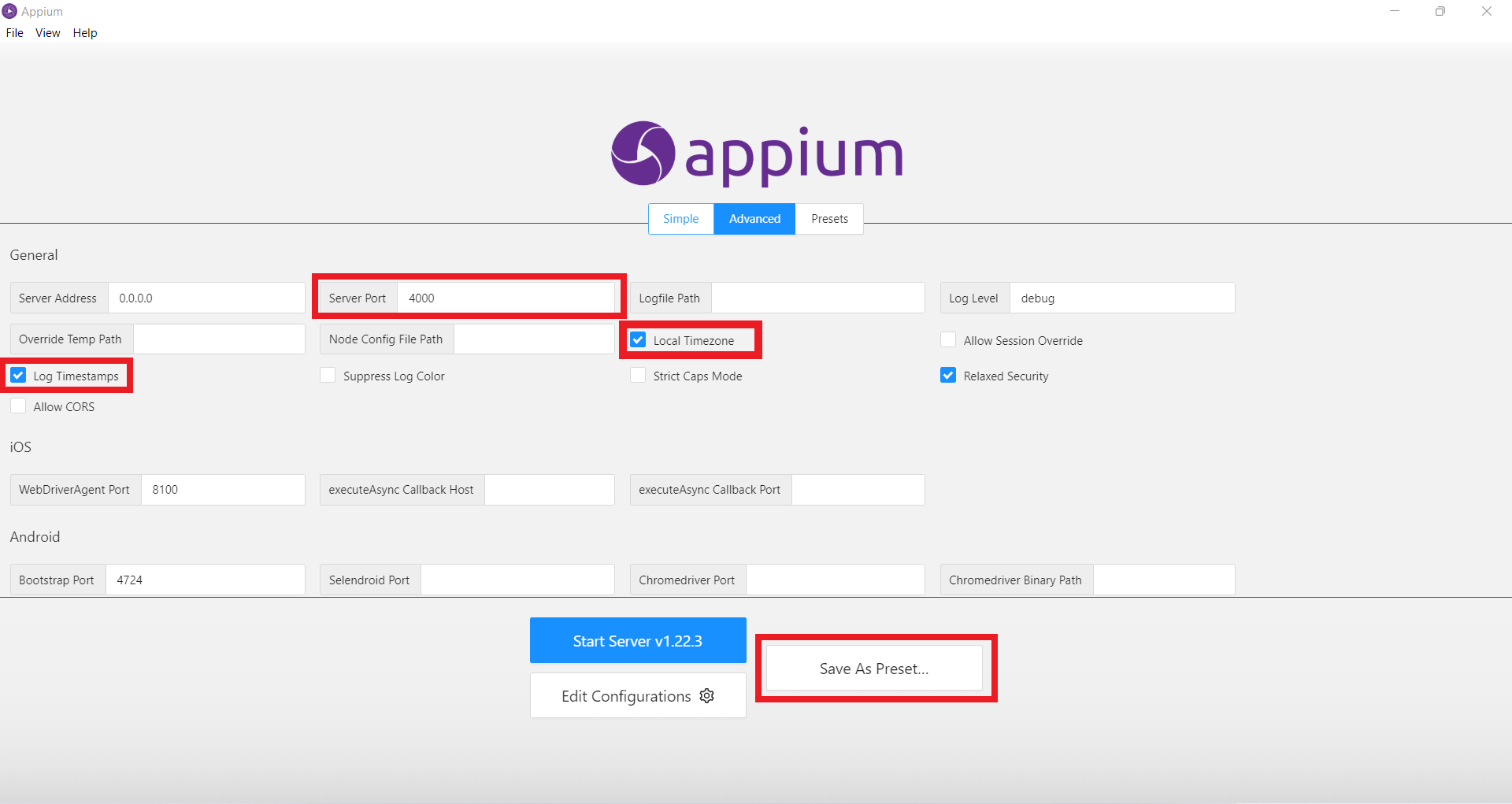 Editing default configurations on Appium Desktop app on Windows