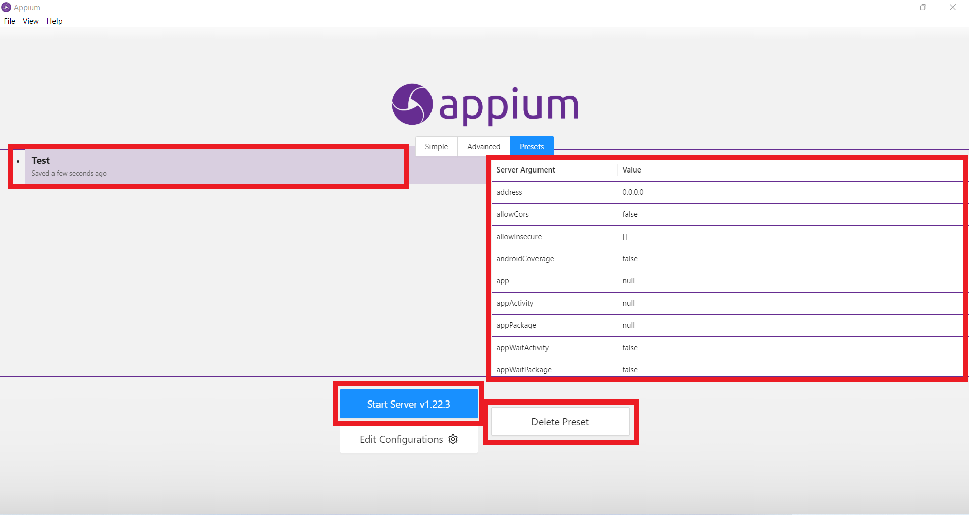  Appium Presets tab view with a single preset selected