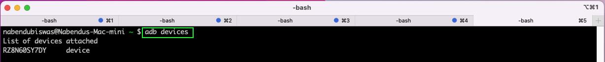 Run the command adb devices, which will show our connected device