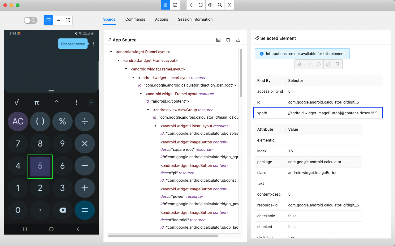 After the "Start Session" button on the above screen, the calculator app will open in Appium Inspector