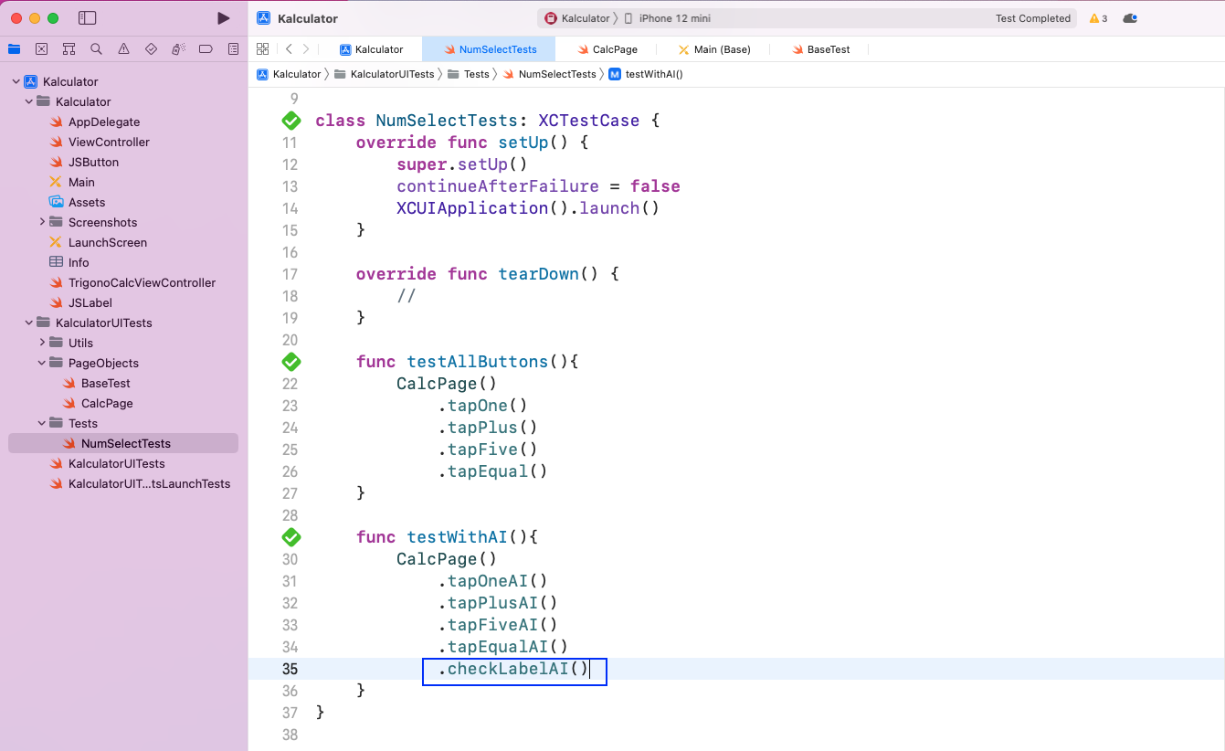 Next, we'll call this new function checkLabelAI() from within testWithAI() in the NumSelectTests file.