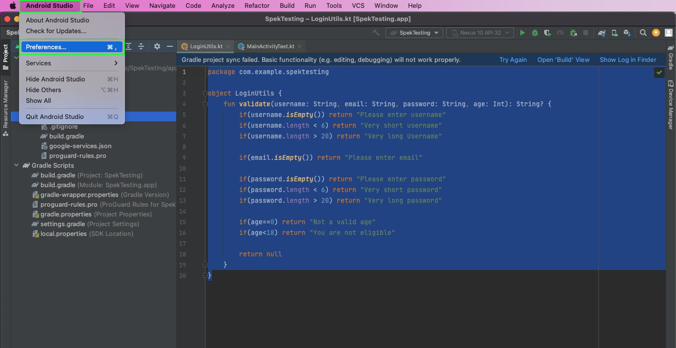 Highlights the top menu "Android Studio" then highlights the "Preferences" selection within the menu