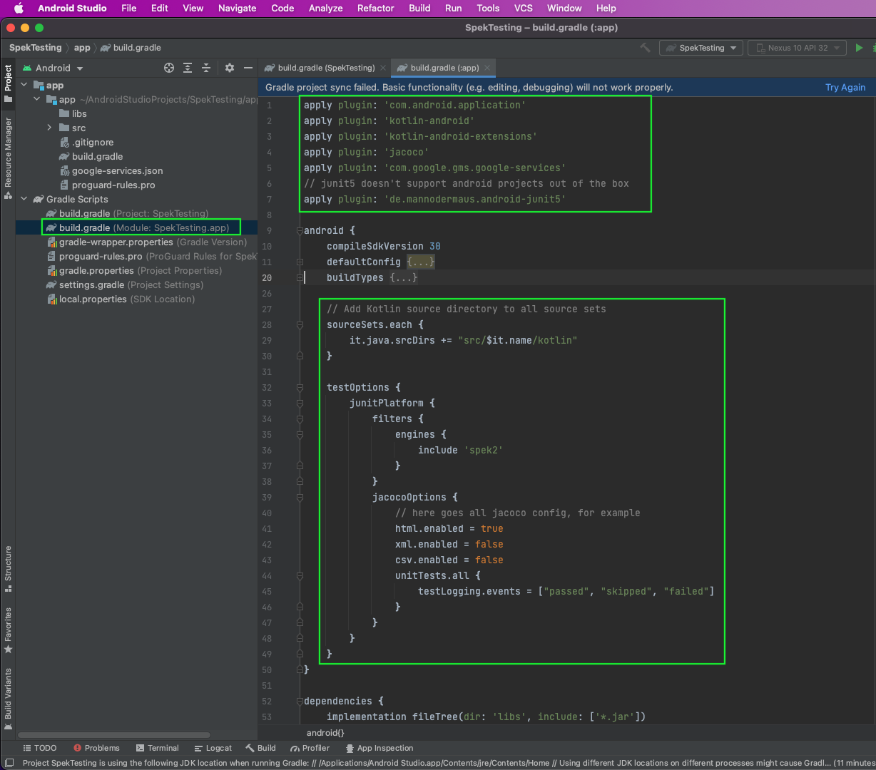 Image highlights "build.gradle (Module: SpekTesting.app" under "Gradle Scripts". The image highlights the plugins added and highlights "test options"