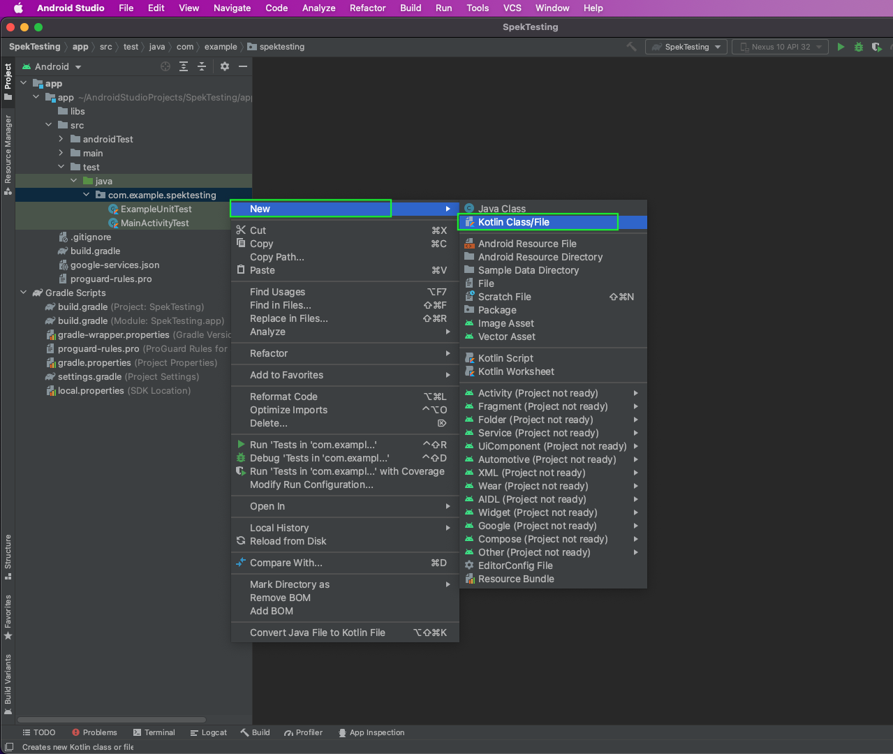 Image shows how to create a test file. Highlights the "New" selection after right clicking on "com.example.spektesting". The image then highlights a selection under "New" that says "Kotlin Class/File"