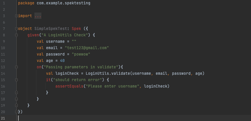 Same as code listed above: shows code to change test in SimpleSpekTest.kt file