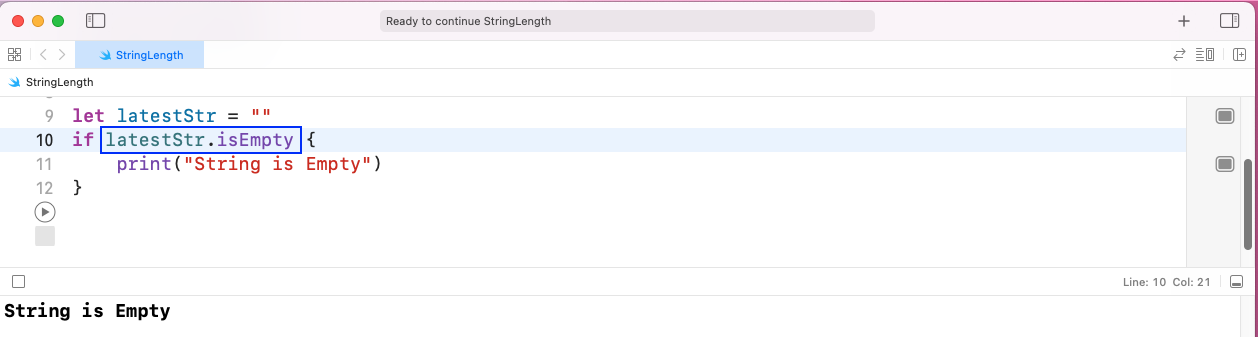 When we run the playground, the statement String is Empty will be displayed.
