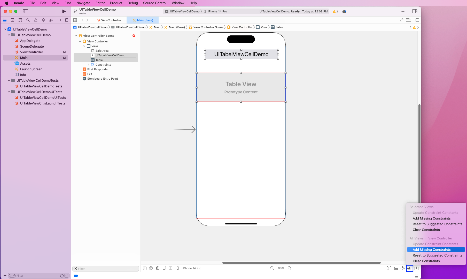 select both Label and Table View and click on the Resolve Auto Layout Issues