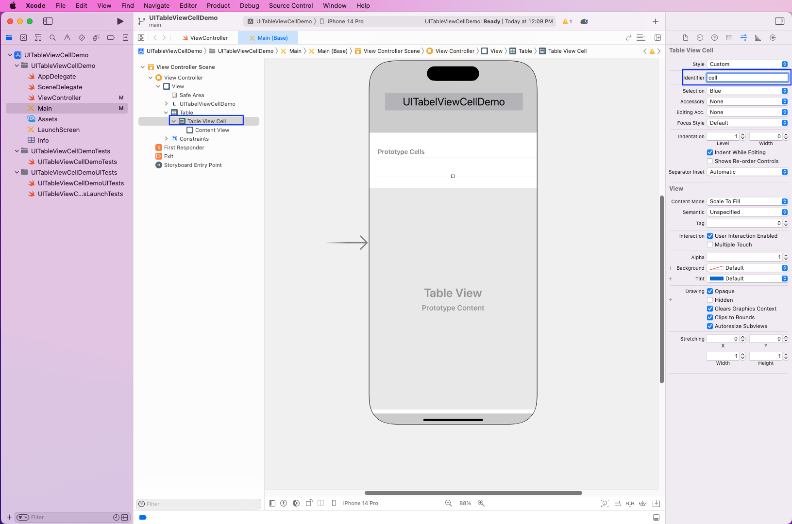 Then, click on the Table View Cell and make the identifier the cell