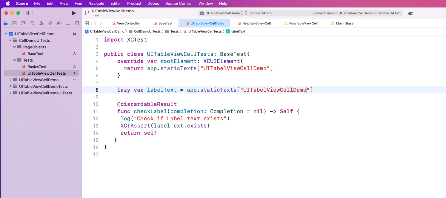 we'll create the checkLabel function, which will use XCTAssert to check if the label exists.