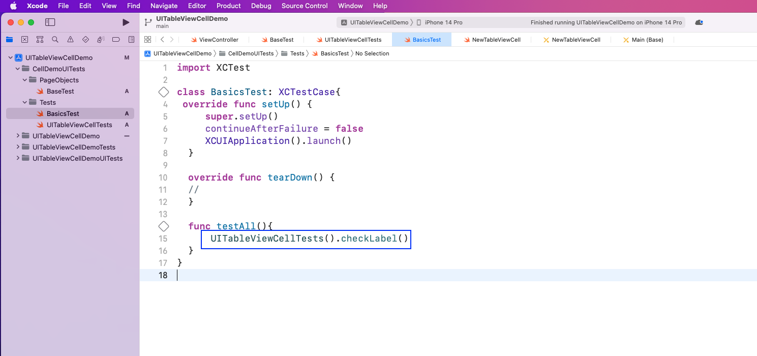 Next, in the BasicTests file, we'll call the UITableViewCellTest class and then execute the checkLabel function.