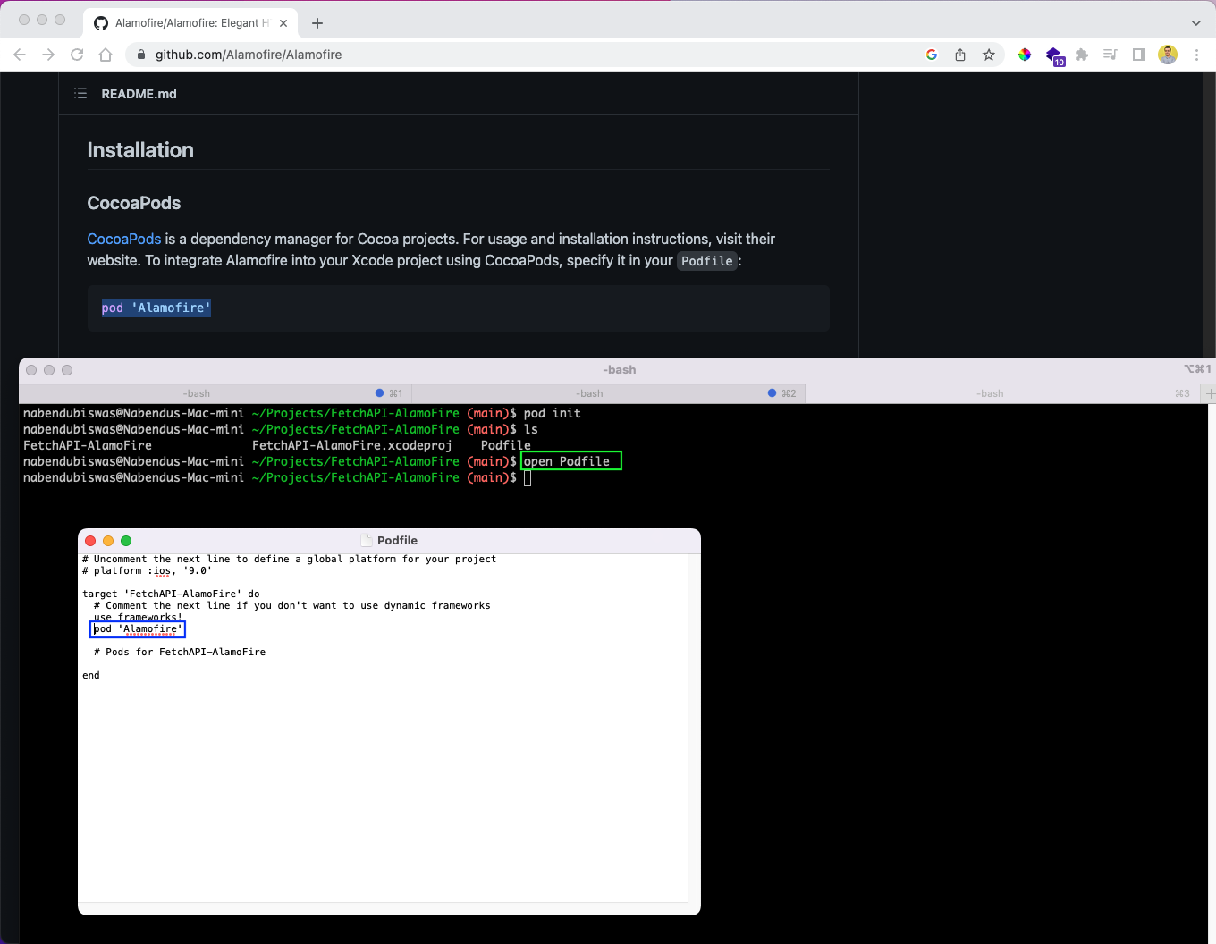 Now, from the terminal, give the command open Podfile to open it in the text editor