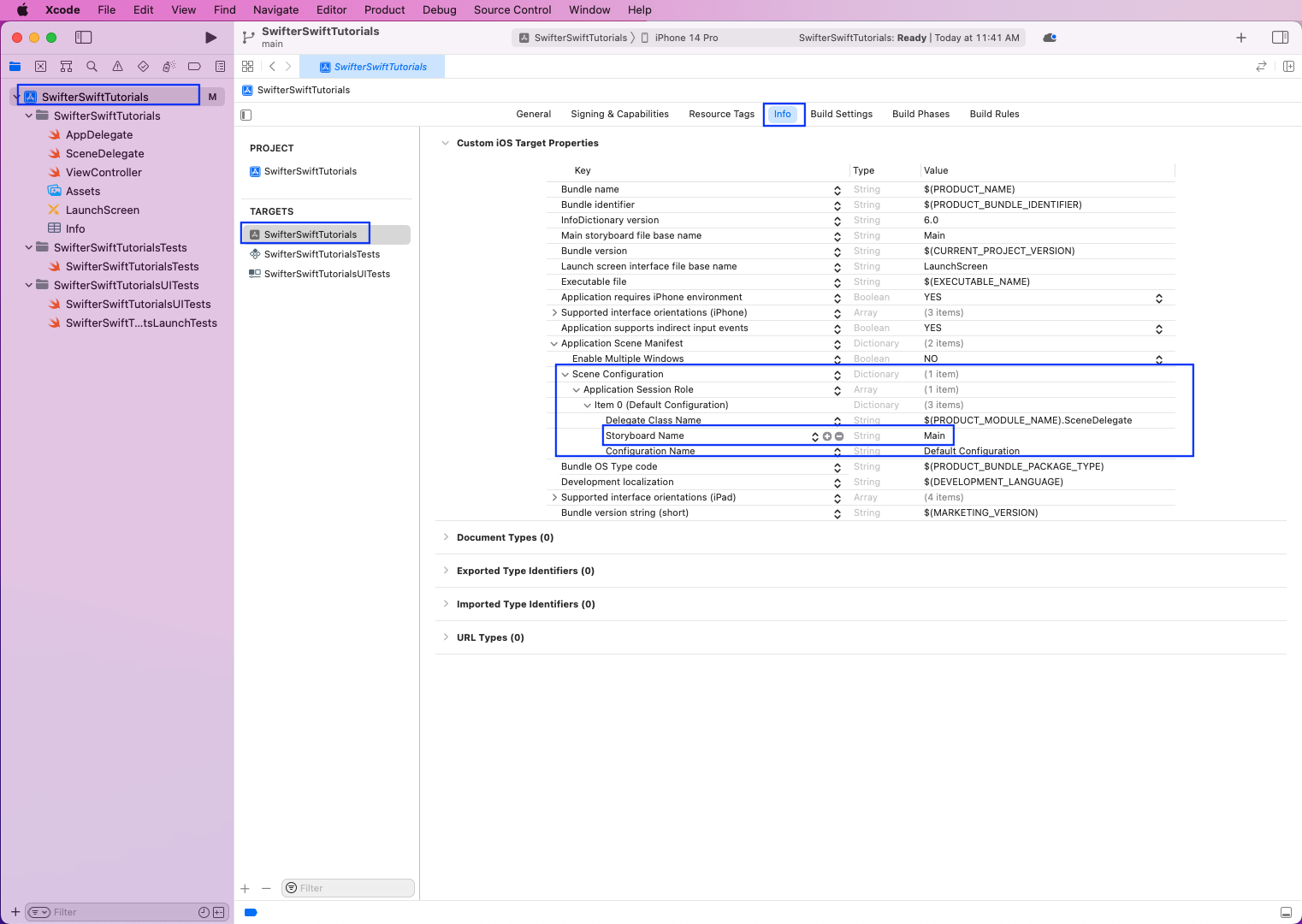 Now, first, click on the root of the project, and after that, click on SwifterSwiftTutorials in TARGETS on the opened screen.