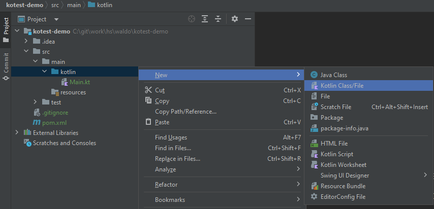 Right-click the kotlin folder, click on New, and then Kotlin Class/File.