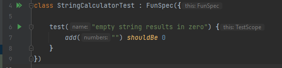 If you installed the Kotest plugin correctly, you should see green play signs next to the class and method names