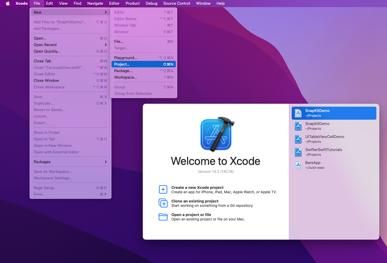 Xcode startup screen shows selecting "project" under "file" and "new"