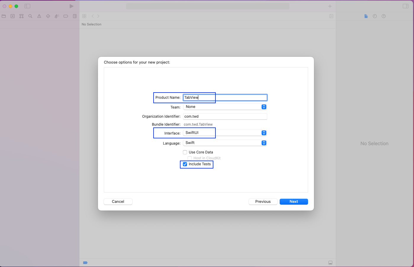 Pop-up titled "Choose options for your new project:". Image highlights the following- Product Name: "TabView," Interface: "SwiftUI," Checkbox titled "Include Tests" is selected.