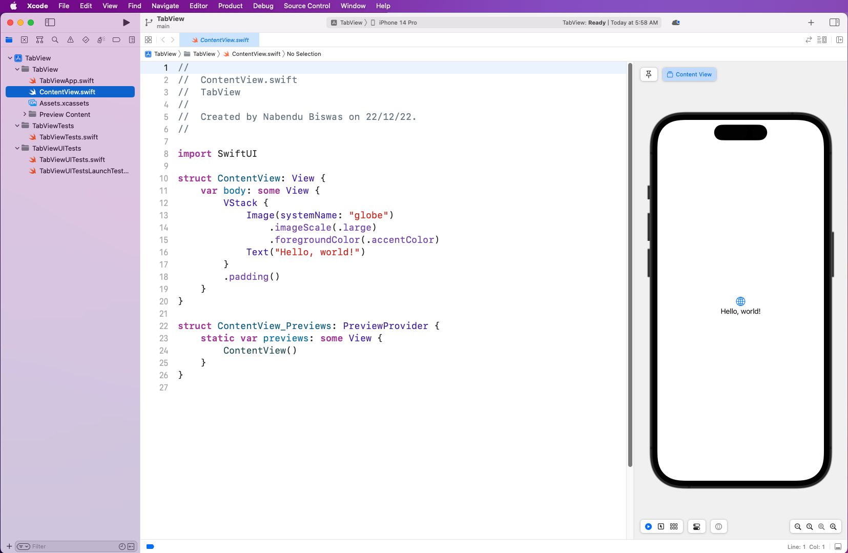 IDE Shows "ContentView.swift" content view on right side displays an iPhone with "Hello, world!"